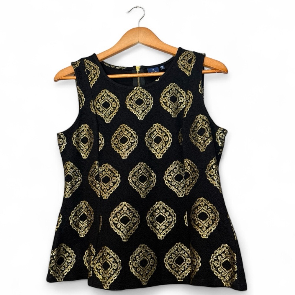 Kaari Blue Black Gold Peplum Sleeveless Top Women’s Medium Elegant Blouse NWOT